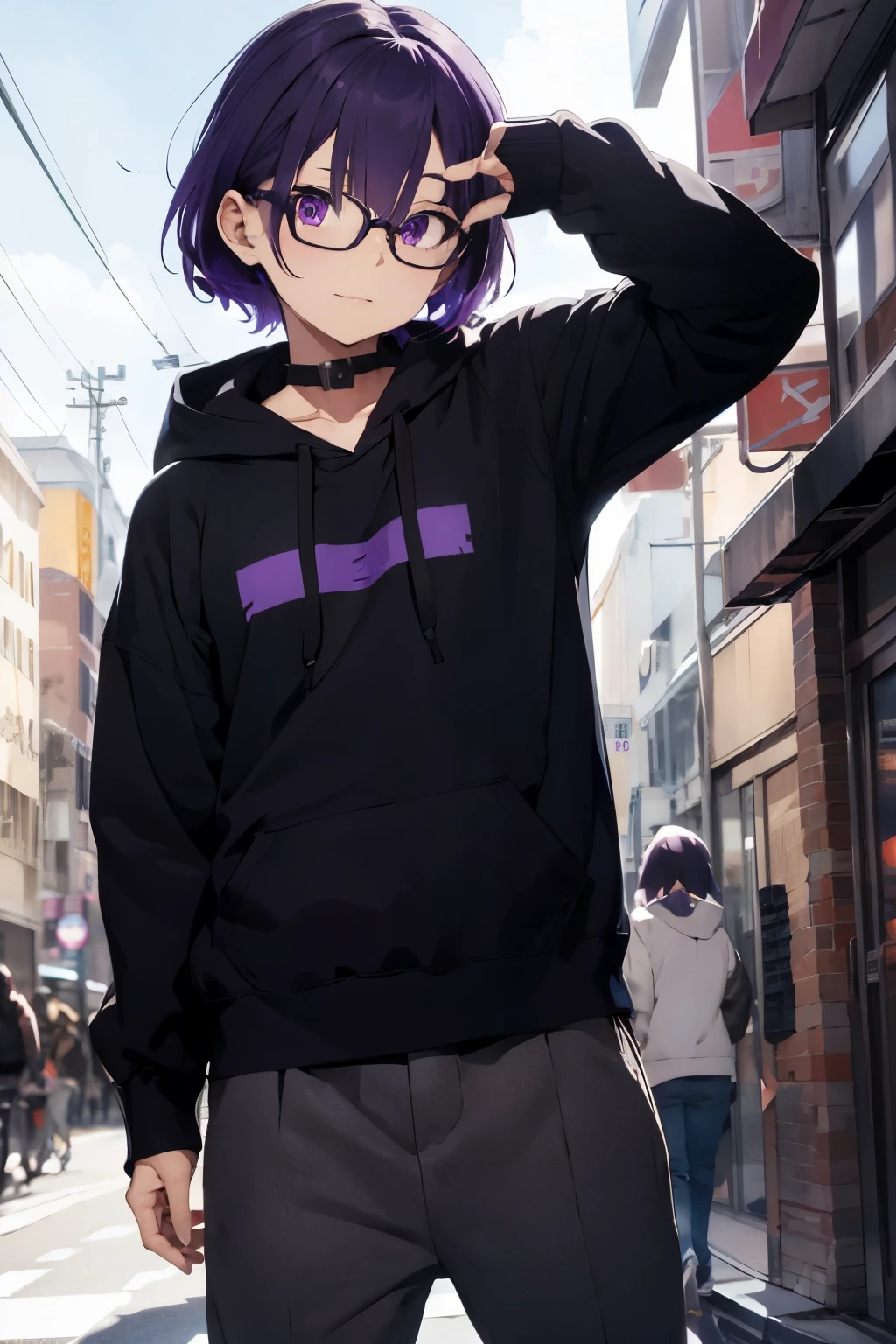 Purple hair、Ren Amemiya style hair、men with square glasses、Genkamikaze、black hoodie black pants