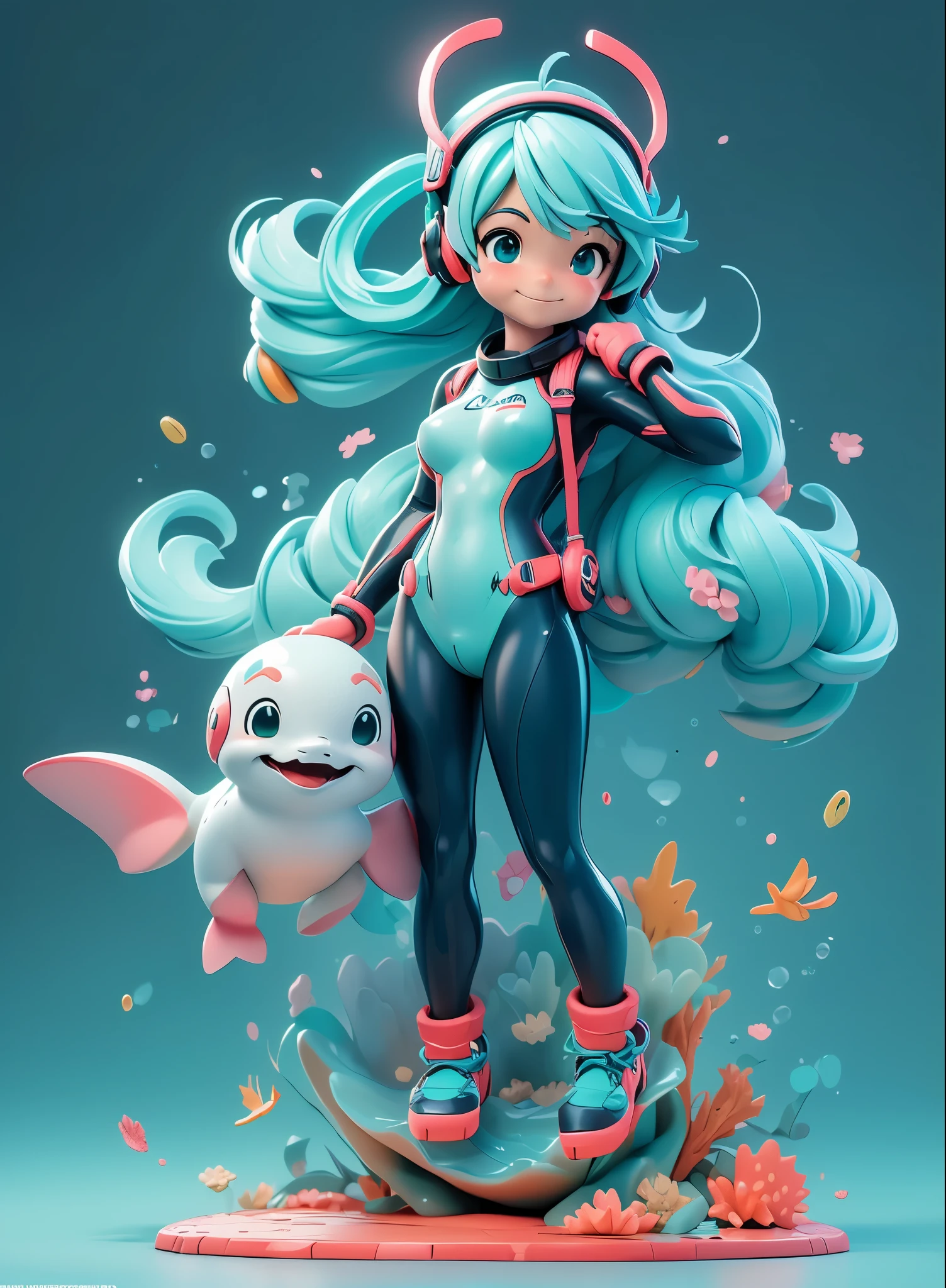 (Dynamic Angle:1.4), ((Full body posing:1.5),miku hatsune,swim with dolphins in the ocean,Beautiful breasts,Diving suit,snorkel,The corals