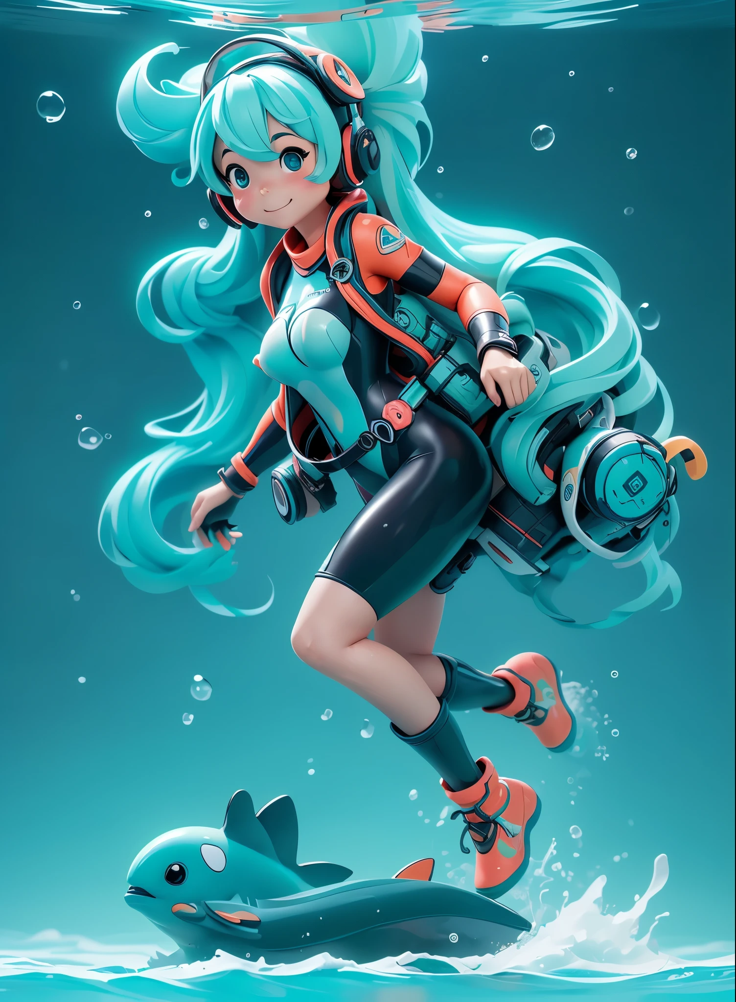 (Dynamic Angle:1.4), ((Full body posing:1.5),miku hatsune,swim with dolphins in the ocean,Beautiful breasts,Diving suit,snorkel,The corals
