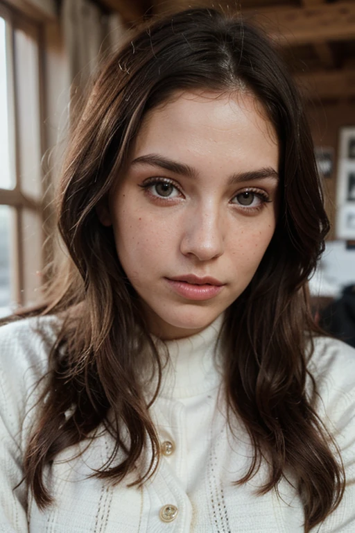 ((best quality)), ((masterpiece)), (detailed), perfect face realistic photo of beautiful woman with long dark brown hair, Russian, influencer, light freckles, dark brown eyes, big lips, no makeup, instagram, in st moritz, wearing cozy winter outfit by Chanel