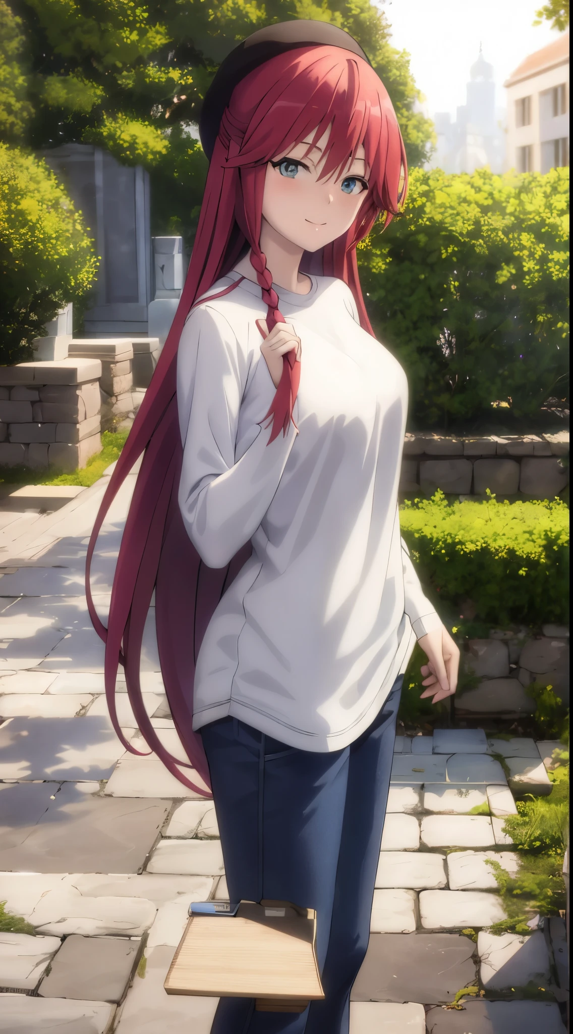 masterpiece, (best quality), 1woman,1girl ,lilith_asami,    long hair, red hair,   blue eyes , braid, side braid, white sweater, shirt, pants,      large breasts,,sexy woman,  , smile, blush, vibrant colors ,,natural lighting  ,RTX,  beautiful, (detailed face:1.2), showcase, (perfect eyes:1.1) ,(photorealistic:1.1), 8k uhd,  looking at viewer,   outdoorackround