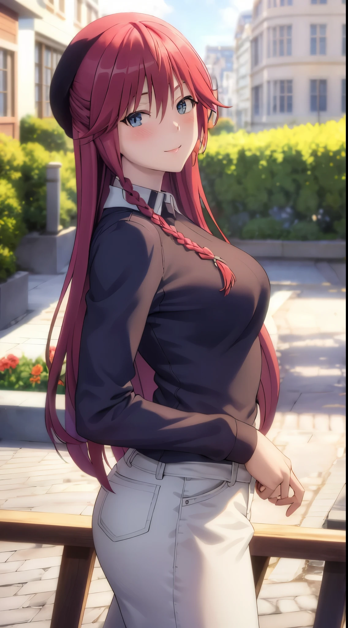 masterpiece, (best quality), 1woman,1girl ,lilith_asami,    long hair, red hair,   blue eyes , braid, side braid, white sweater, shirt, pants,      large breasts,,sexy woman,  , smile, blush, vibrant colors ,,natural lighting  ,RTX,  beautiful, (detailed face:1.2), showcase, (perfect eyes:1.1) ,(photorealistic:1.1), 8k uhd,  looking at viewer,   outdoorackround