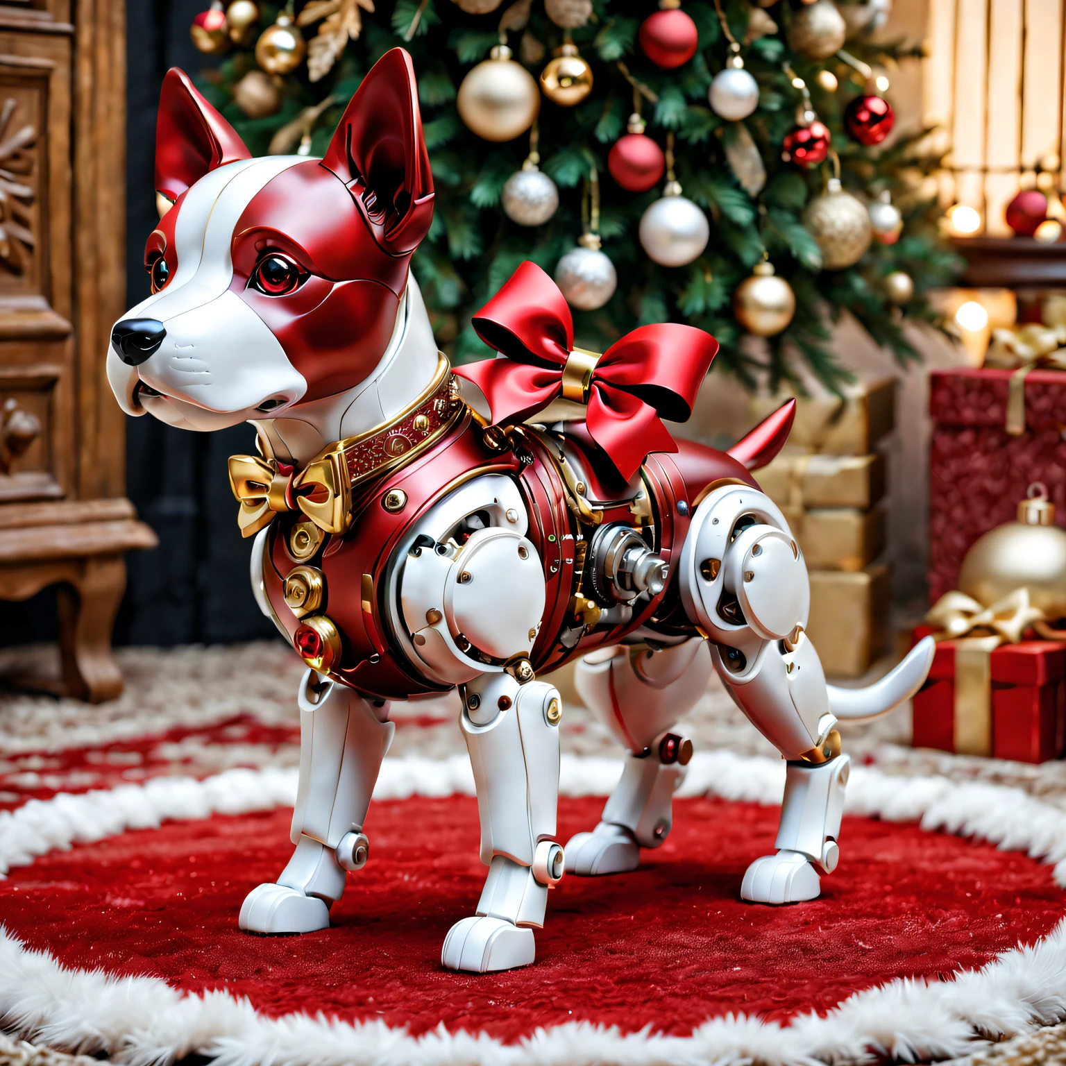 (Best quality at best,A high resolution:1.2),ultra - detailed,(actual:1.37) A cute mechanical dog with a Red bow [Christmas gifts], shiny metal body, complex mechanical joints, The bow is well made (perfectly tied together, vibrant Red color), Mechanical dog is small in size，Exquisite details, Surrounded by holiday decorations [Christmas theme], Happy and warm holiday atmosphere, Soft glowing lights and sparkling decorations, vivd colour (Red, The white, kinako), The robotic dog is placed on a cozy rug, Soft lighting creates a warm and pleasant scene