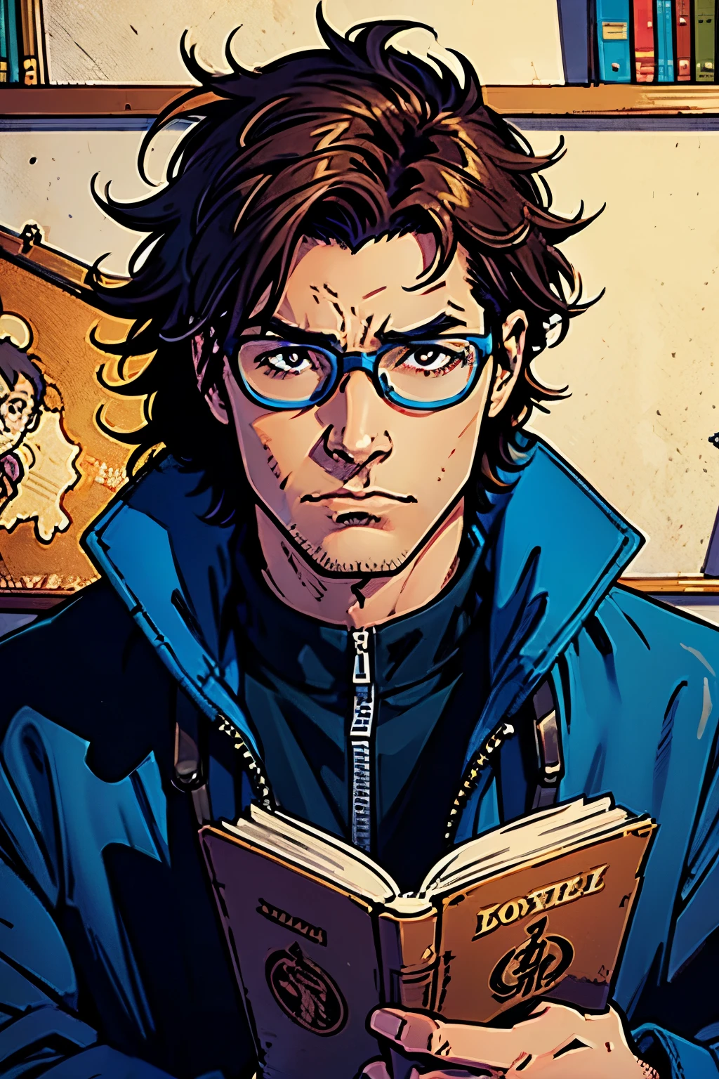 (best quality)), ((masterpiece)), (detailed), male, Gojou, blue eyewear, messy hair, jacket, dark hair, facing front, book cover,