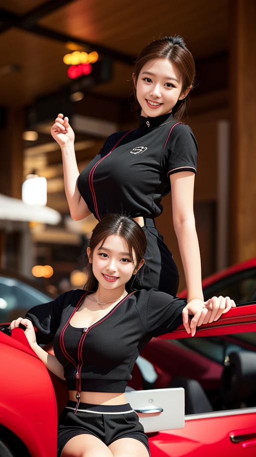 arafed woman in red top and black shorts sitting on a red porsche, , Hwang Se - On, korean female fashion model, gorgeous young Korean Woman, red porsche, pinup model, Korean Girl, high quality photograph, pinup body, pinup, Korean Woman, Sexy look, miura kentaro, Japanese Models, beautiful young Korean Woman,Looking at me and smiling,huge-breasted,
