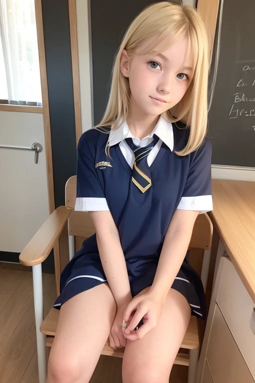 a very cute blonde girl, naked over school uniform, sitting with knees up, raw photo