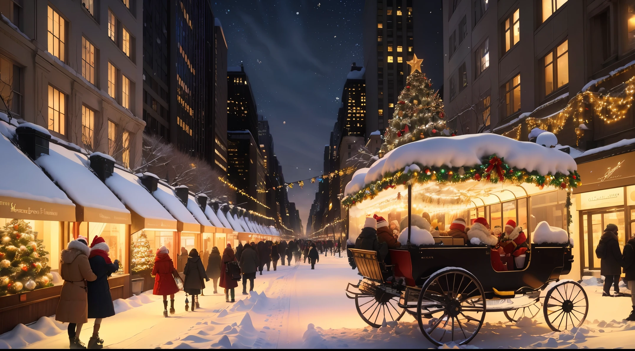 (best quality,4k,8k,highres,masterpiece:1.2),ultra-detailed,(realistic,photorealistic,photo-realistic:1.37),festive Christmas atmosphere,newly fallen snow,bustling cityscape of New York City,towering skyscrapers,sparkling lights,ornately decorated Christmas trees,winter wonderland,joyful laughter of people  skating in Central Park,crowds of shoppers carrying colorful gift bags,horse-drawn carriage rides in Central Park,cozy cafes with warm drinks and delicious pastries,icy breath visible in the cold air,children building snowmen and throwing snowballs,chilly wind cutting through the streets,holiday decorations adorning storefronts,private Christmas parties in elegant penthouse apartments,radiant smiles and rosy cheeks,carol singers spreading festive cheer,graceful  skaters performing mesmerizing routines,gleaming  rinks reflecting the city lights,steaming cups of hot chocolate with marshmallows,dazzling holiday window displays,red velvet ribbons and bows,delicate snowflakes gently falling from the sky,children writing letters to Santa Claus,majestic Rockefeller Center Christmas tree adorned with thousands of twinkling lights,cheerful street vendors selling roasted chestnuts,romantic carriage rides under the starry night sky,magical snow-covered streets illuminated by streetlights,lovers walking hand in hand, wrapped in warm coats and scarves,endless festivities and cheer spreading throughout the city.