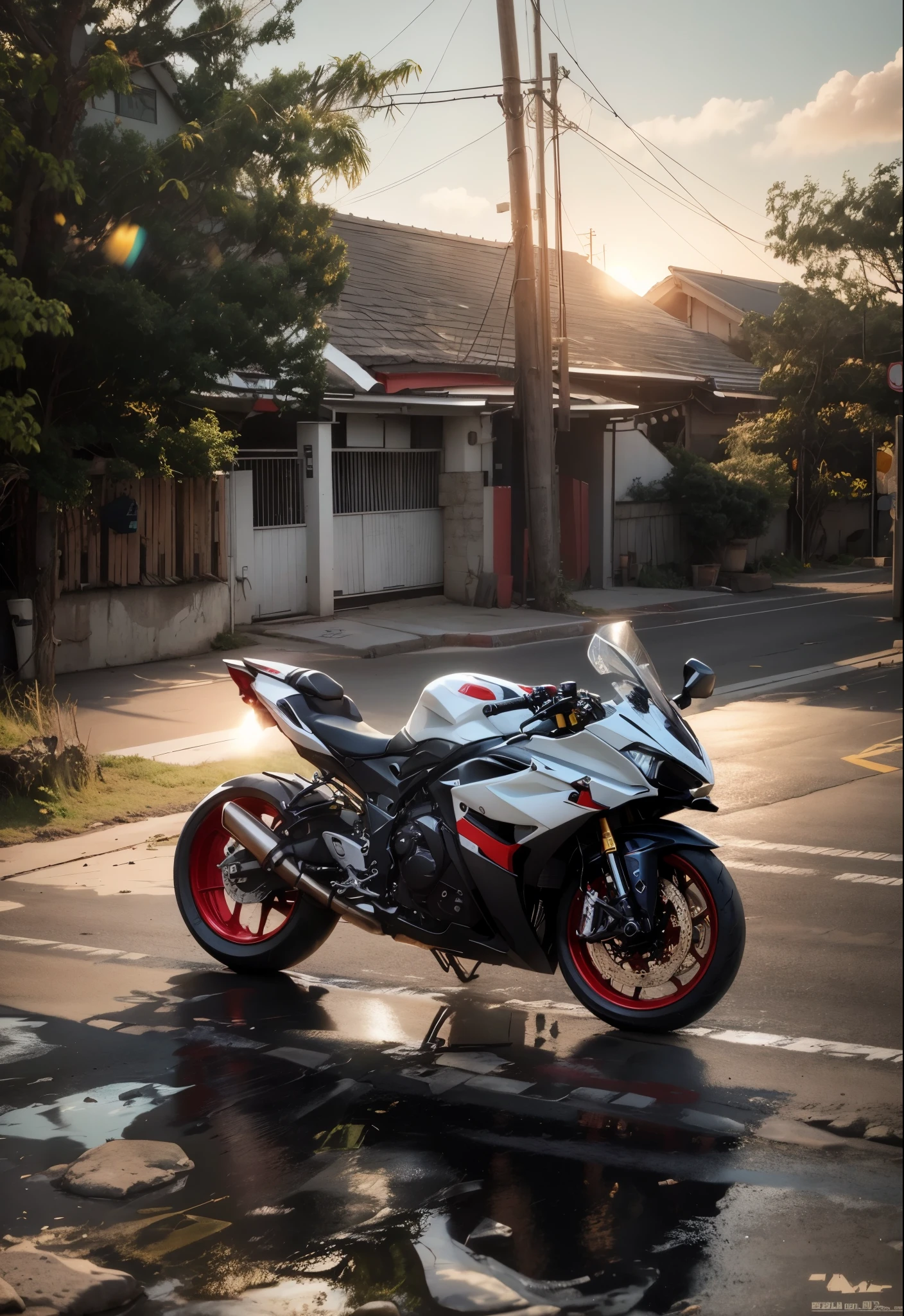 there is a motorcycle parked on the side of the road, front side full, r6, translucent sss, front side, super wide, rear-shot, f32, white red,red blue, green, f 3 2, unreal enging, front profile, yoshimura exhaust, random background : 3, wide shoot, taken with sony a7r camera, rear shot
