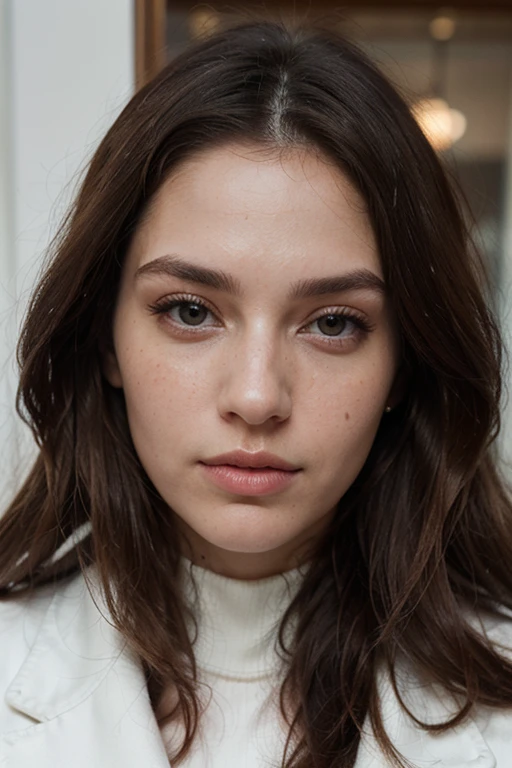 ((best quality)), ((masterpiece)), (detailed), perfect face realistic photo of beautiful woman with long dark brown hair, Russian, influencer, light freckles, dark brown eyes, big lips, no makeup, instagram, in st moritz, wearing elegant winter outfit by Dior