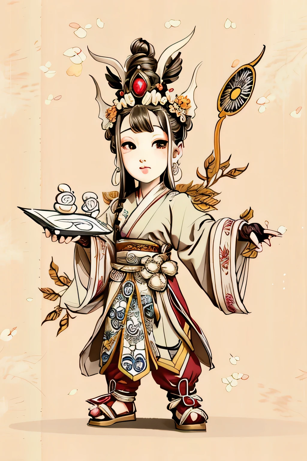 arafed drawing of a woman in a Chinese traditional costume holding a tray, ancient china art style, asura from chinese myth, Artist with calligraphy skills, Chinese traditional art, akira based on traditional cultural elements,一位Artist with calligraphy skills, Chinese brush illustration, ancient chinese ornate, Inspired by Huang Shen, beautiful elf with ornate robes, Chinese traditional, Highly detailed character design