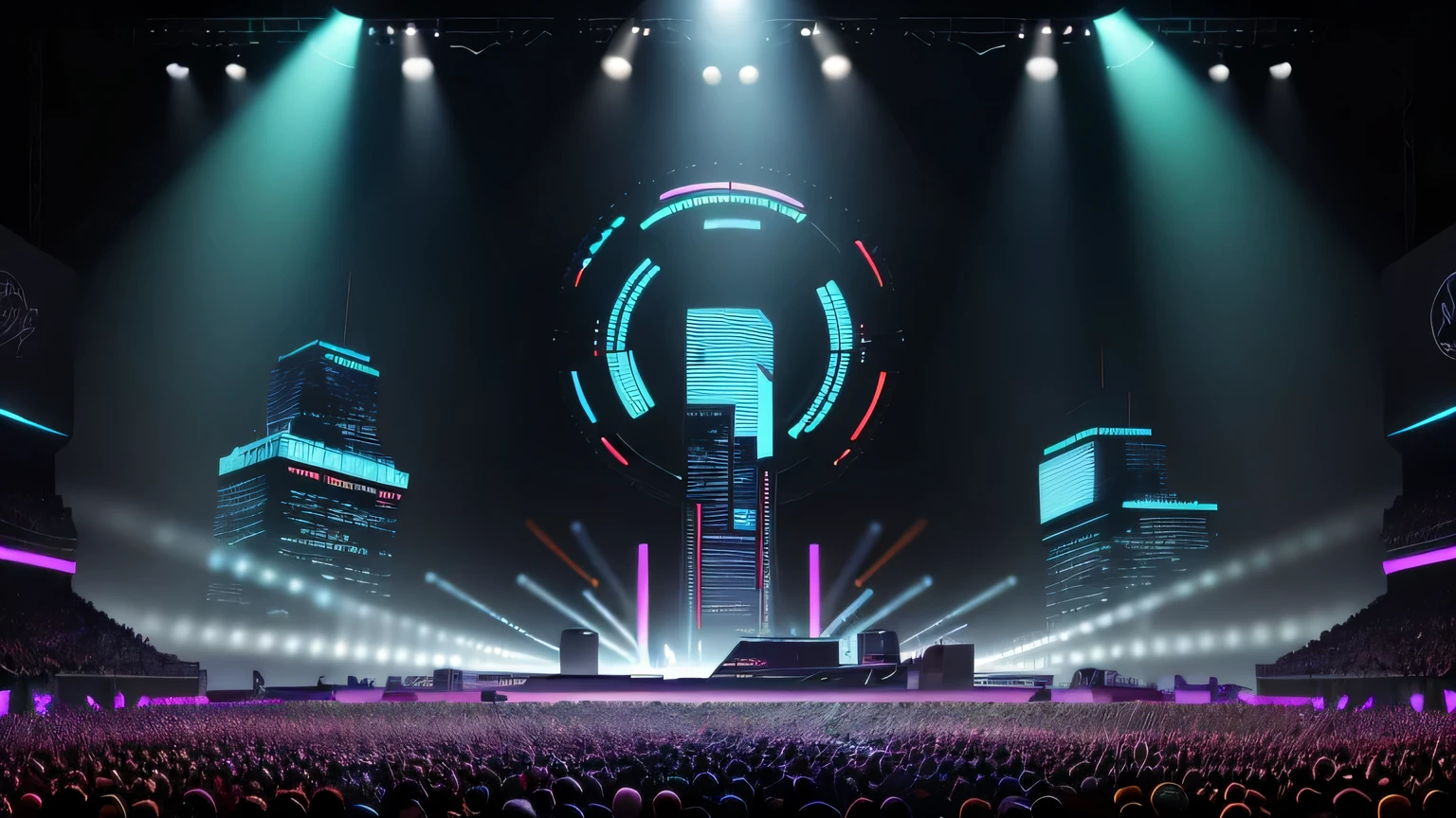 Gere uma imagem em um formato de 16:9, exibindo uma cena futurista cyberpunk de um show de rock ultra detalhado. A imagem deve capturar uma banda composta por um vocalista, um baixista, um guitarrista e um baterista, todos no auge de suas performances, playing to a huge audience. O palco, flutuante e futurista, must be equipped with spectacular lighting, semelhante ao usado em shows das maiores bandas do mundo. The surrounding landscape is a dense urban environment, with skyscrapers and vibrant neons that reflect cyberpunk aesthetics. Lighting should be dynamic and colorful, highlighting the musicians and creating an intense atmosphere. The camera must capture a wide angle to include both the band members and the audience., focusing on the details of the musicians' Expressions and movements. Post-processing should enhance details and texture, providing a clear, high-resolution image that captures the vibrant energy and futuristic feel of the show.