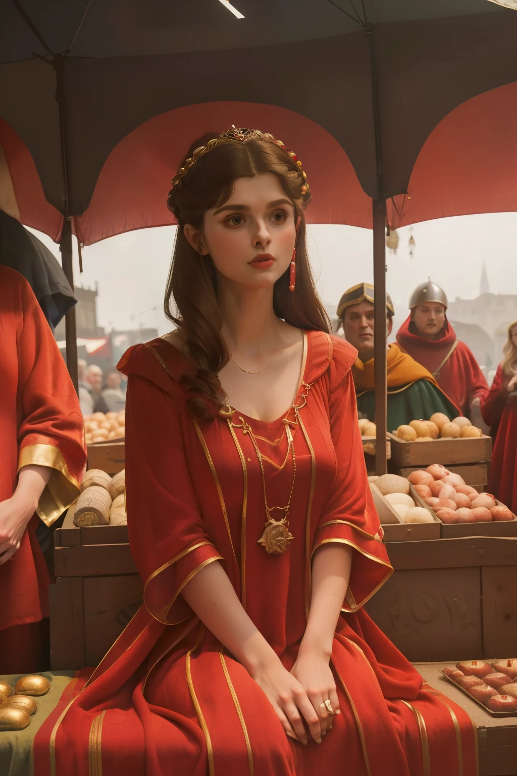 1142, Kingsbridge, England. otherworldly scene in a medieval crowded outdoors market, ((((22-year-old)) Alexandra Daddario)), in the middle of a multitude, selling fleece, ((proud and confident expression)), happy, ((((scarlet tunic gown from the 12th century)))), ((Hairstyle of the 12th century)), ((Wes Anderson cinematic style)), colorful
