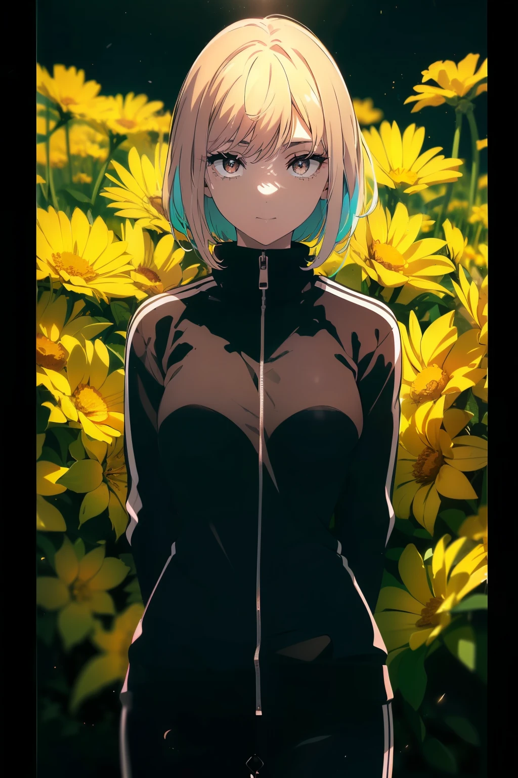 ((((Obra maestra, La mejor calidad, ultrahigh resolution)))), beautiful girl, standing, (((wearing a black tracksuit))), (short hair in view, in frame), pale skin, ((brown eyes)), (ultra detailed eyes:0.7, beautiful and detailed face, detailed eyes:0.9), ((centered)), smile, ((wide shot)), facing viewer, (((vibrant background of outdoors, field of flowers, bright lighting, summer, sunlight))), flat chested, looking at viewer, ((perfect hands)), ((head:1, hips, elbows, arms, in view)), ((hands behind back)), beautiful lighting, defined subject, (18 years old), ((cool looking)), ((sunny glare))