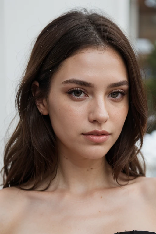 ((best quality)), ((masterpiece)), (detailed), perfect face realistic photo of beautiful woman with long dark brown hair, Russian, influencer, light freckles, dark brown eyes, big lips, no makeup, instagram, in st moritz, wearing elegant black outfit by Dior