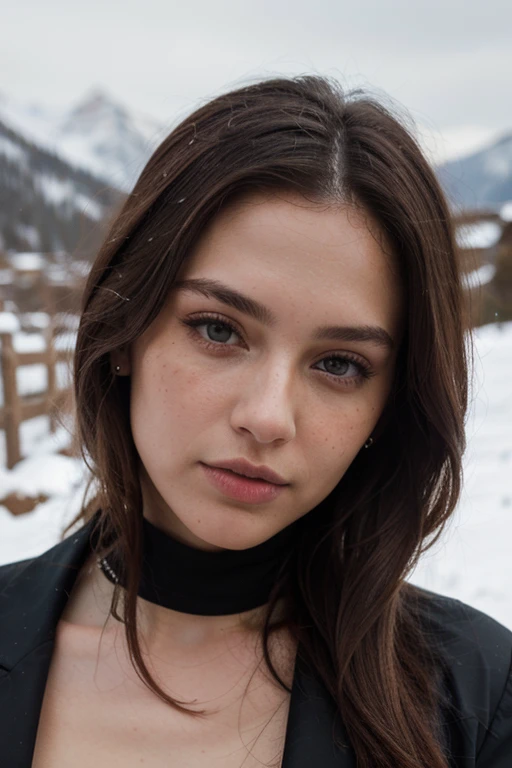 ((best quality)), ((masterpiece)), (detailed), perfect face realistic photo of beautiful woman with long dark brown hair, Russian, influencer, light freckles, dark brown eyes, big lips, no makeup, instagram, in st moritz, wearing elegant black outfit by Dior