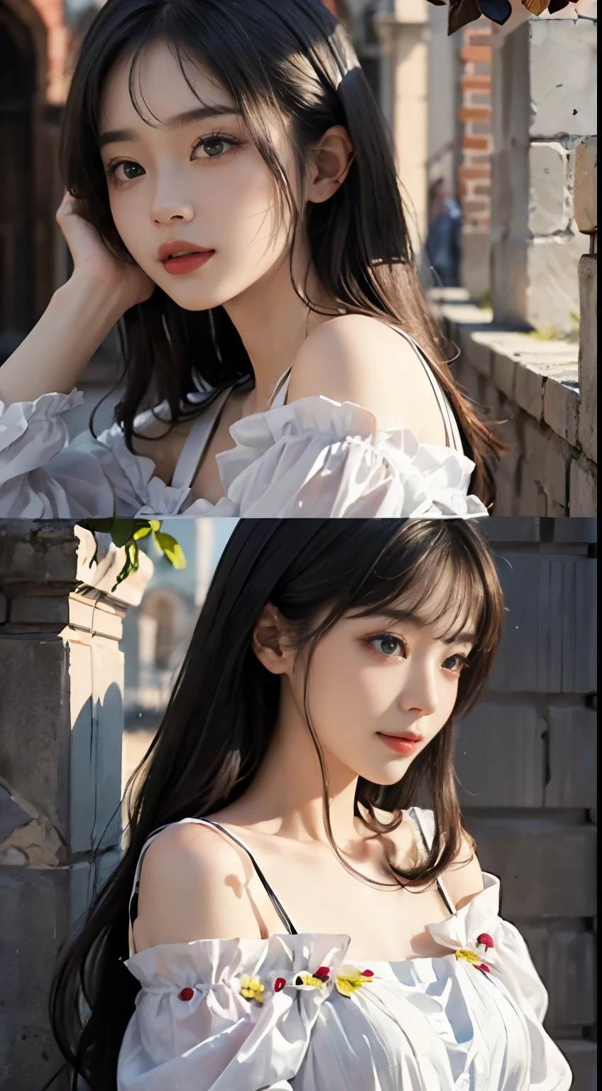 (A hyper-realistic)、(illustratio)、(hight resolution)、(8K)、(ighly detailed)、(Best Illustration)、(beautifully detailed eyes)、(top-quality)、(ultra-detailliert)、(masterpiece)、(wall-paper)、(A detailed face)、独奏、1 girl in、looking at viewert、fine detailed、A detailed face、in the darkness nigth、deep-shadows、lowkey、pureerosfaceace_v1、A smile、long、Black shawl straight hair、46-point diagonal bangs, (silk dresses、long skirt)(off shoulders)View of the castle、、Stand against the wall