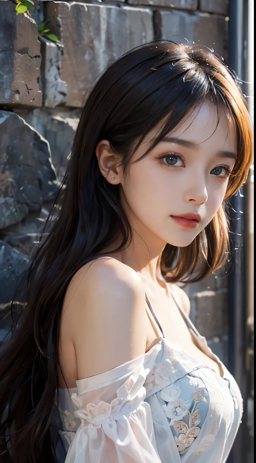 (A hyper-realistic)、(illustratio)、(hight resolution)、(8K)、(ighly detailed)、(Best Illustration)、(beautifully detailed eyes)、(top-quality)、(ultra-detailliert)、(masterpiece)、(wall-paper)、(A detailed face)、独奏、1 girl in、looking at viewert、fine detailed、A detailed face、in the darkness nigth、deep-shadows、lowkey、pureerosfaceace_v1、A smile、long、Black shawl straight hair、46-point diagonal bangs, (silk dresses、long skirt)(off shoulders)View of the castle、、Stand against the wall