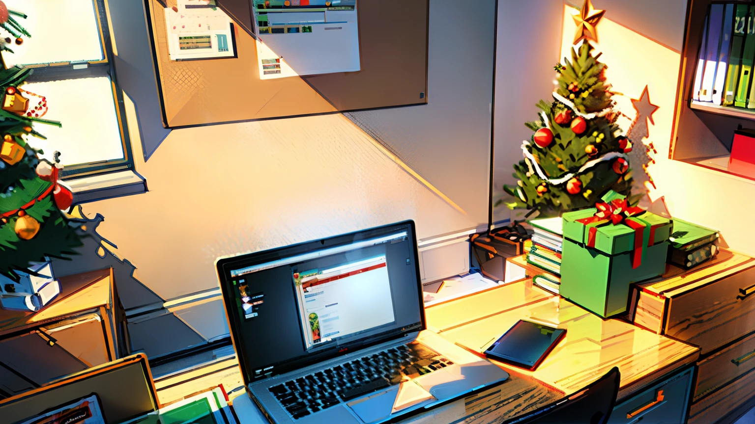 ((There's a home office room in christmas season with disorganize working laptop books and snacks)), with snow and Christmas tree, coding studio, programmer studio, side perspective