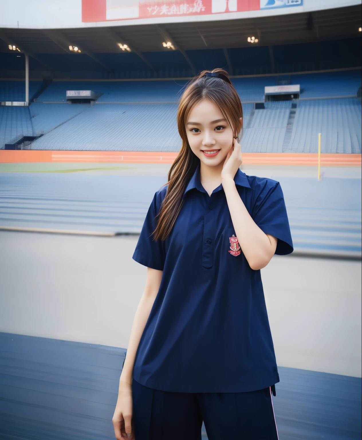 (bestquality,10,10,highres,masterpiece:1.2),ultra-detail,(Realistic,ภาพRealistic,photo-realistic:1.37),1 Cute girl in the football field,oily shiny skin,bara,light smile,BDclothelue shirt:1.3)),short sleeves,shirt, trousers.,(navy_long_ติดตามtrousers:1.1), ((Stadium Background:1.3)),dynamic angle,excited,face focus,Dynamic Poses,from behide,Ass Focus,masterpiece, bestquality, ultra realistic, hyper-detail, 8k resolution, RAW photo, crisp focus, ((Navy blue shirt:1.1)), short sleeves, เส้นทางlong, Complete bodyแบบ, 2 mature women, 18yo, cinematic light,trousersวอร์มสีน้ําเงิน,Gymware,Correct anatomy,Complete body, Correct body, sharp face, Correct bodyทางกายวิภาค, full entire body, Realistic gestures, long-haired, Realistic poses,Wear long shorts..............................,ช่วงขาlong,Shapely,Sculpting Girl, Slender Figure, mannequin mannequins, Shapely, Beautiful body,trousersวอร์มสีน้ําเงิน, Two girls kissing