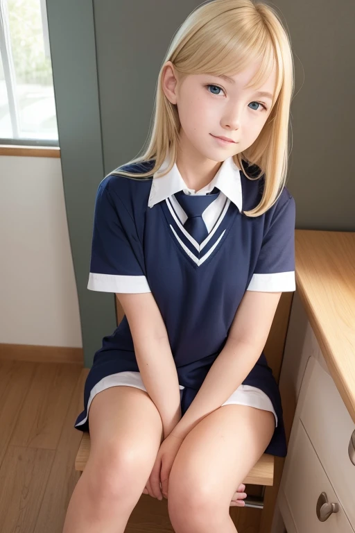 a very cute blonde girl, naked over school uniform, sitting with knees up, looking at viewer,, raw photo