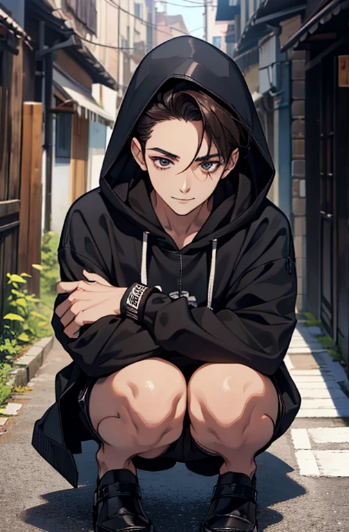 (absurderes, hight resolution, ultra-detailliert, nffsw), masutepiece, Best Quality, 1boy, Solo, Handsome, dark brown hair, finely eye and detailed face, Forehead, mole under his eye, black oversized hood, (White shorts), espadrilles, ear piecing, Squatting, Back alley background, Smile, From above, Look up