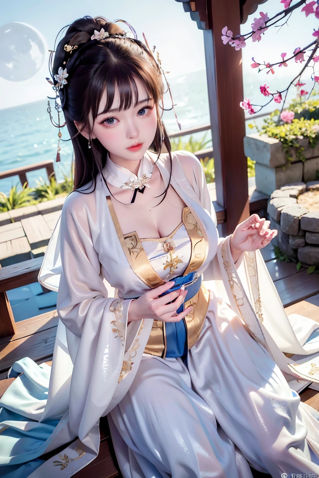 a princess ald old cute Hanfu  dynasty open V-chested clothes royal, Wet body of thin silk fabric, Thin silk lace dress, (huge boobs，cleavage),, white pink, blue ，best qualtiy，tmasterpiece，超高分辨率，（真实感：1.4），RAW photogr，（True skin texture：1.3），（filmgrain：1.3），（Selfie angle），1个Giant Breast Girl，Beautiful eye and face details，tmasterpiece，Best quality at best，，The chest  more exposed， detailed hair，above looking down facing at camera,short dressPrincess Eyes,Super big eyes,Detailed face,shiny pupils,  (a garden,moon palace,)