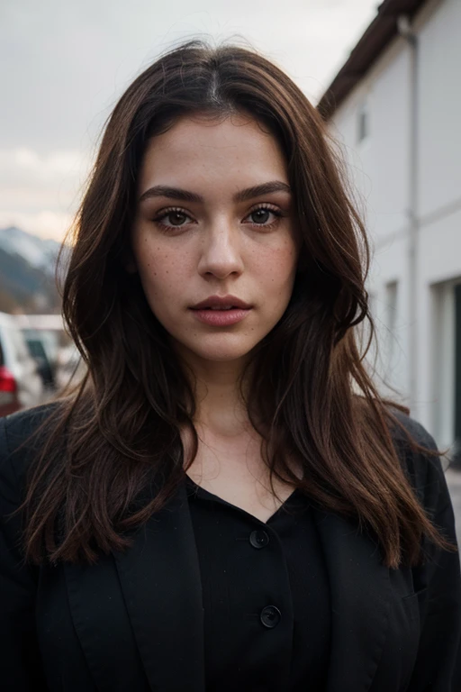((best quality)), ((masterpiece)), (detailed), perfect face realistic photo of beautiful woman with long dark brown hair, Russian, influencer, light freckles, dark brown eyes, big lips, no makeup, instagram, in st moritz, wearing elegant black outfit by Dior