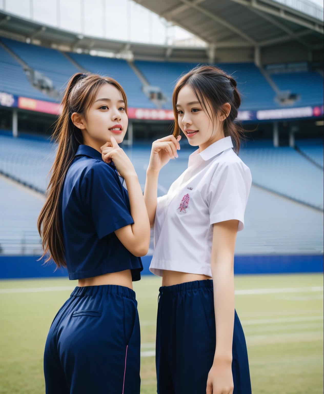 (bestquality,10,10,highres,masterpiece:1.2),ultra-detail,(Realistic,ภาพRealistic,photo-realistic:1.37),1 Cute girl in the football field,oily shiny skin,bara,light smile,BDclothelue shirt:1.3)),short sleeves,shirt, trousers.,(navy_long_ติดตามtrousers:1.1), ((Stadium Background:1.3)),dynamic angle,excited,face focus,Dynamic Poses,from behide,Ass Focus,masterpiece, bestquality, ultra realistic, hyper-detail, 8k resolution, RAW photo, crisp focus, ((Navy blue shirt:1.1)), short sleeves, เส้นทางlong, Complete bodyแบบ, 2 mature women, 18yo, cinematic light,trousersวอร์มสีน้ําเงิน,Gymware,Correct anatomy,Complete body, Correct body, sharp face, Correct bodyทางกายวิภาค, full entire body, Realistic gestures, long-haired, Realistic poses,Wear long shorts..............................,ช่วงขาlong,Shapely,Sculpting Girl, Slender Figure, mannequin mannequins, Shapely, Beautiful body,trousersวอร์มสีน้ําเงิน, Two girls kissing