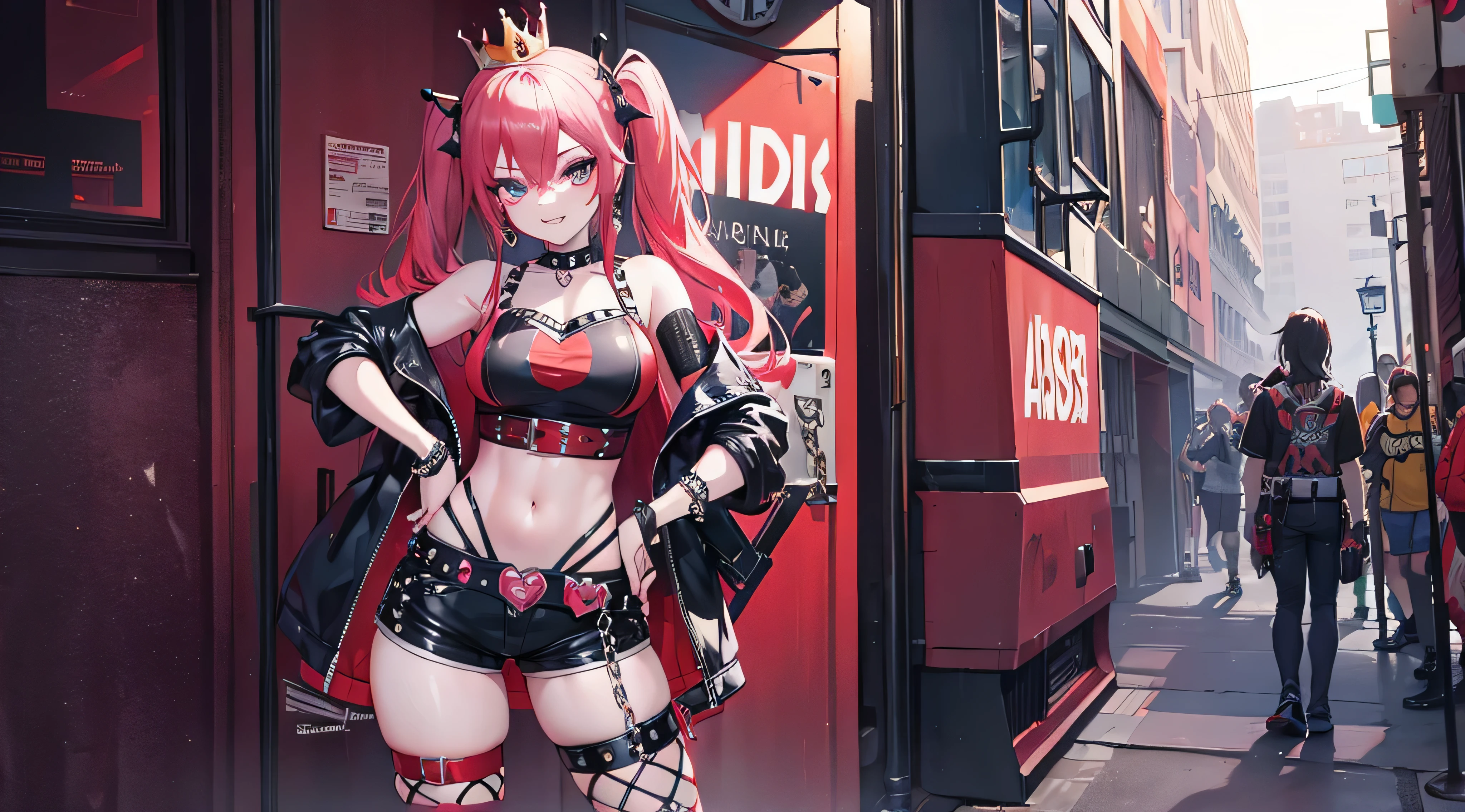 Arlequina, master part, best quality, Alto, 1girl, Gargantilha com coroa aberta, jaqueta de manga curta, shorts cravejados, fishnet belt, luvas de corrente, pulseira, hand on hip, Standing, sorrir,  Background Story