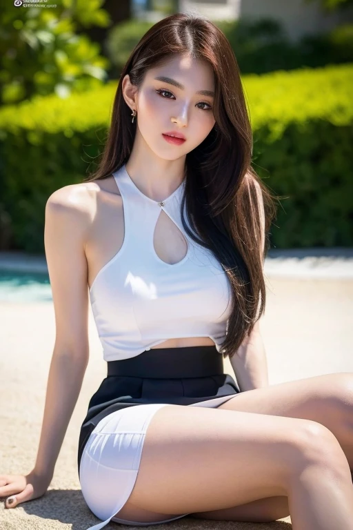 Ultra high quality，8K，gal girl，Sexy and feminine, high and cold，Enchanting，The head proportions are perfect，Gray high ponytail，Wear a short top, Short red high-waisted skirt，Flaming red lips，Swan neck，chokers，sun is shining, She's sitting with her legs spread