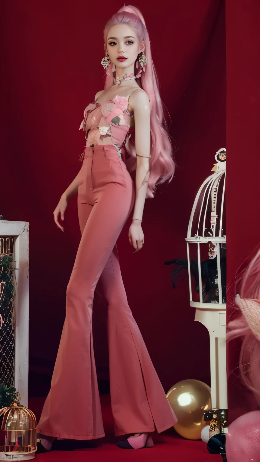 Barbie doll with pink hair and pink pants next to a bird cage, boneca articulada da bola, boneca barbie anime, skydoll noa |, cores de tom vermelho suave, roupas cor-de-rosa, rosa pastel, cabelo rosa claro pastel muito longo, estilo de cor rosa e vermelho, corpo rosa, corpo inteiro feminino, pastel-hued, long flowing pink hair, na floresta cor-de-rosa