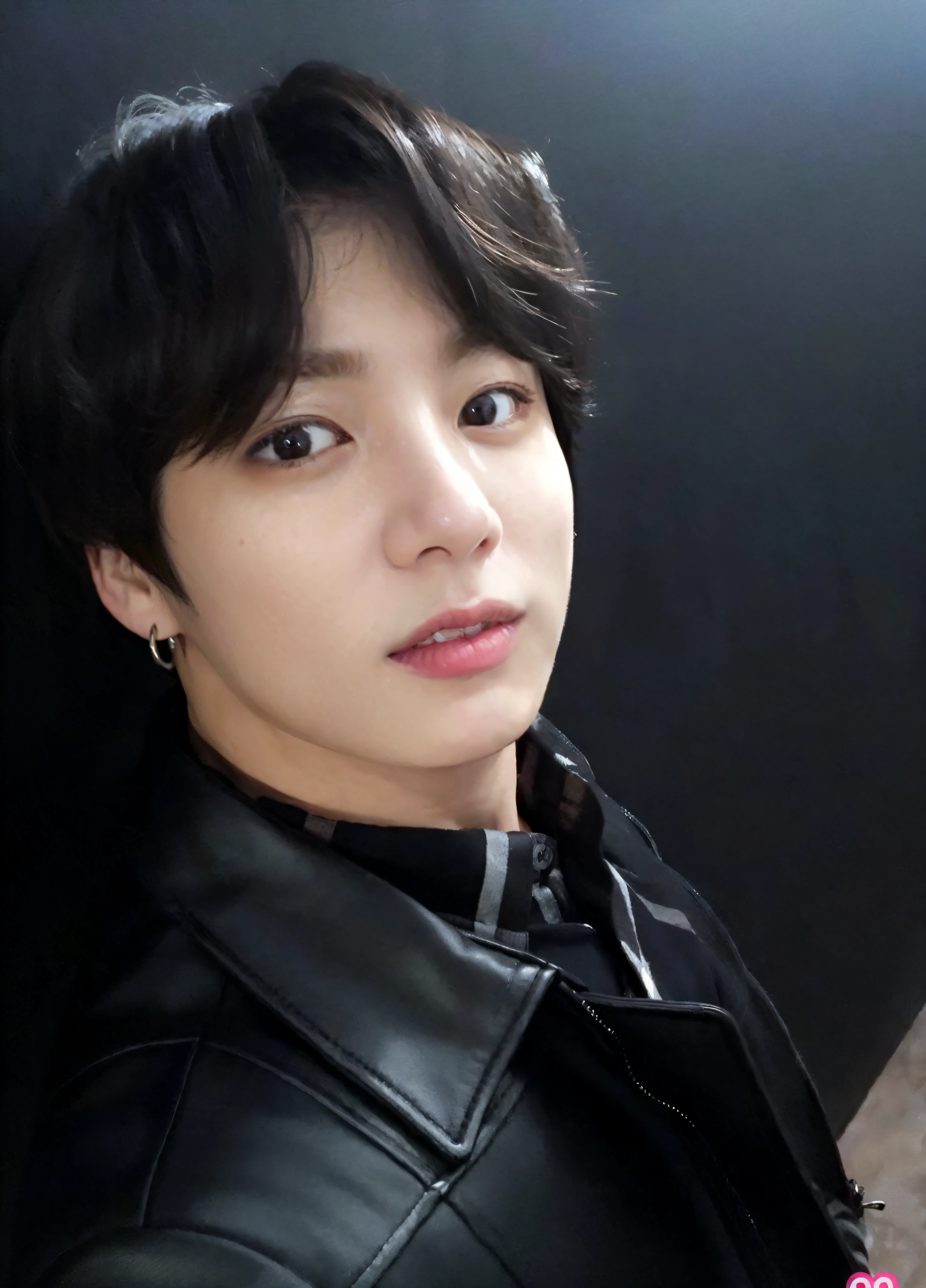 Arafed Asian man in black jacket and black shirt posing for a photo, Jungkook, Jeon Jungkook \Plump lips, Jungkook \'s right eyelid swollen, Jeon Jungkook , canela, Foto de perfil do headshot, taken in the early 2020s, jeon Jungkook de cabelos pretos, , Jungkook ✨