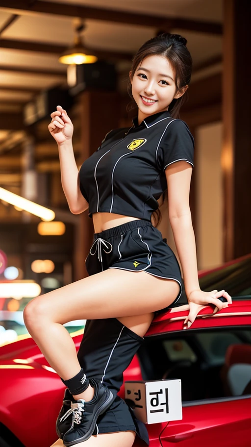 arafed woman in red top and black shorts sitting on a Red Ferrari, , Hwang Se - On, korean female fashion model, gorgeous young Korean Woman, Red Ferrari, pinup model, Korean Girl, high quality photograph, pinup body, pinup, Korean Woman, Sexy look, miura kentaro, Japanese Models, beautiful young Korean Woman,Looking at me and smiling,huge-breasted,shot from behind diagonally,