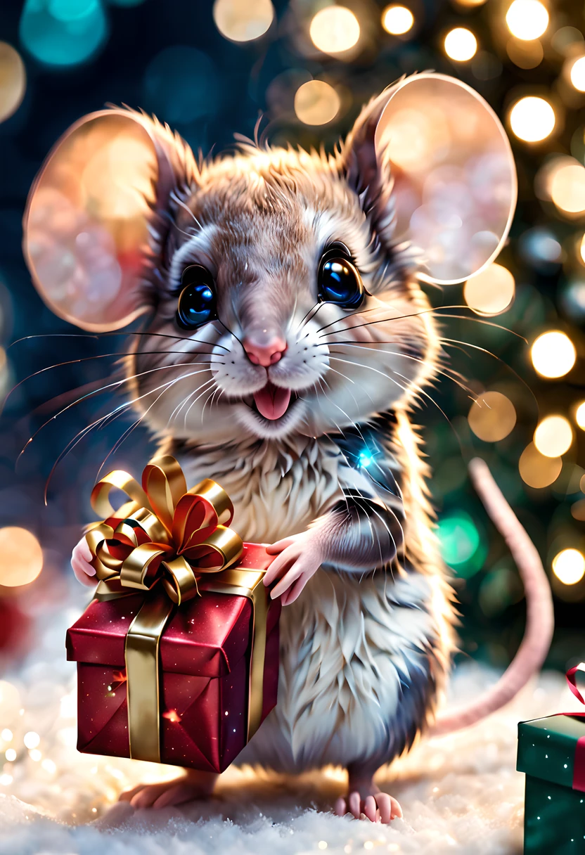 ultra detailed cute mouse holding a Christmas gift, shimmer, bokeh