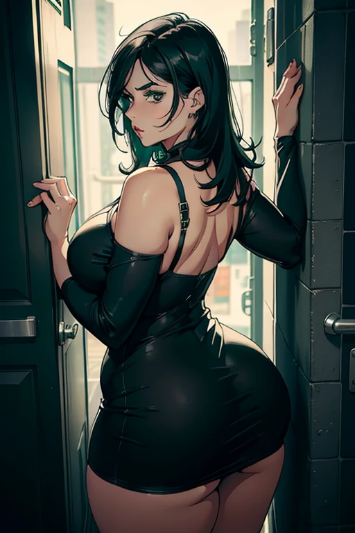 Best quality, solo mature woman, giant ass, very curvy, messy jet black hair, sea green eyes, full lips, seductive, half lidded eyes, short tight dress, thick thighs, curvy physique, she's leaning against the wall, innocent look on her face, scared look on her face