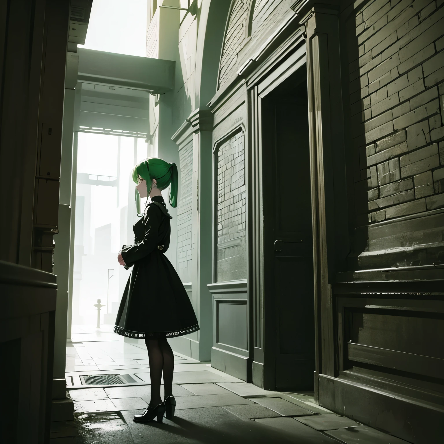 Girl standing alone, ruins place, green hair, gothic dress, black eyes, facing away, 8k, best quality