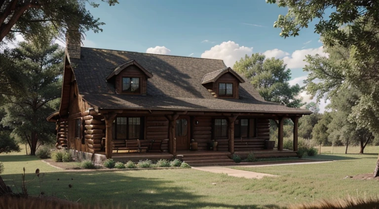 A log cottage in the middle of a vast ranch 360° horizon view, short trees Scattered with a distance from eachother like Savannah that the horizon can be observable easily from the cottage, a stream of water further from cottage