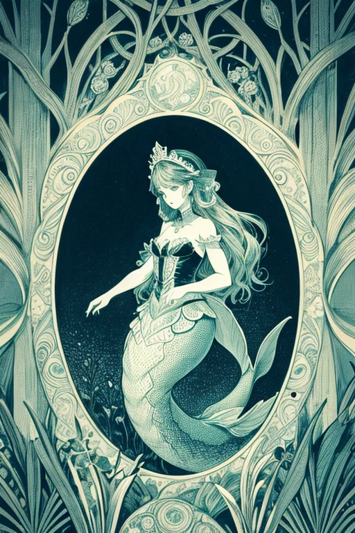 a black and white drawing of Mermaid Girl, by Earnst Haeckel, dark green color scheme, closeup!!!!!!, cyanotype, wallpaper!