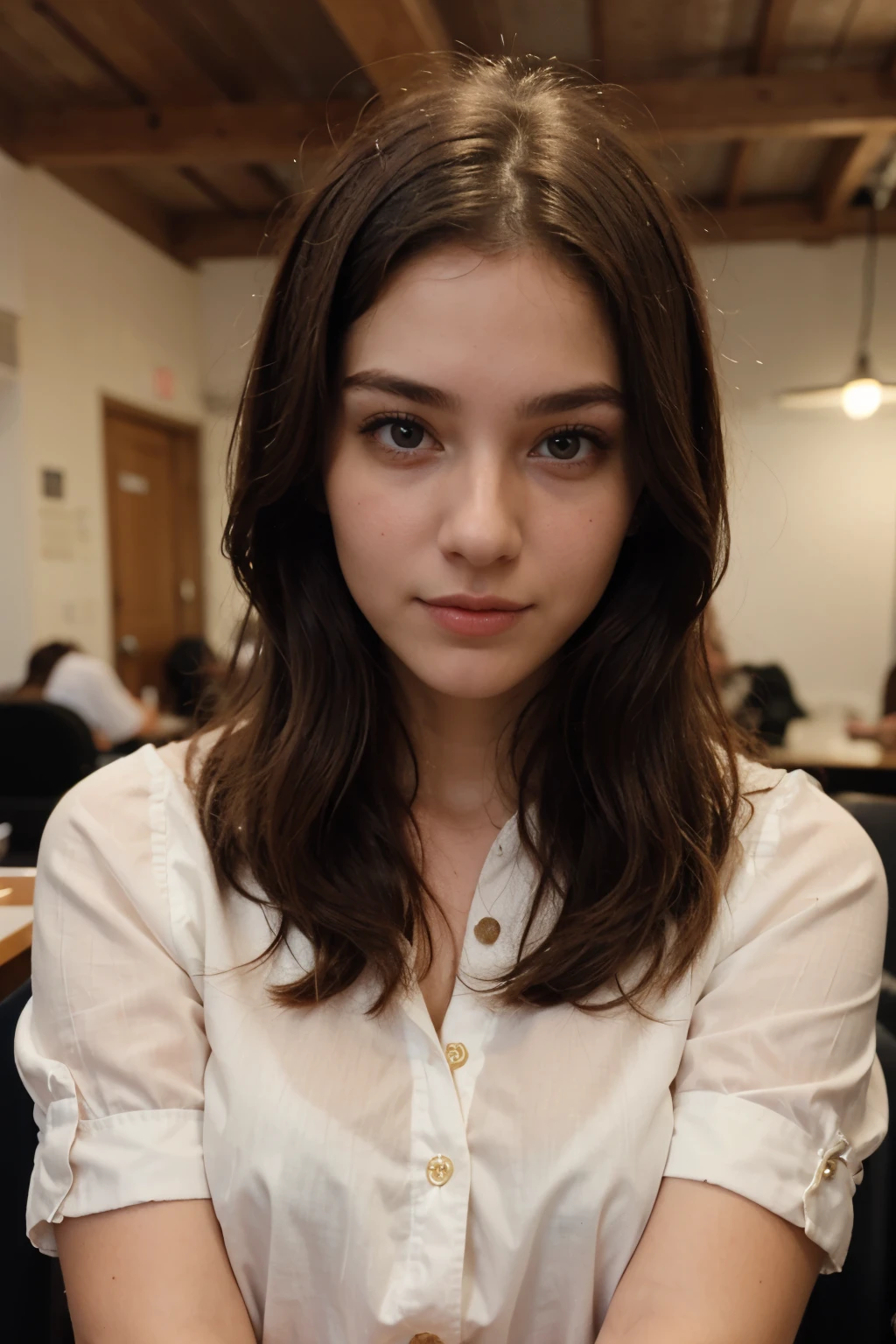 A very beautiful 25-year-old girl with fair hair and honey eyes and wearing a blouse