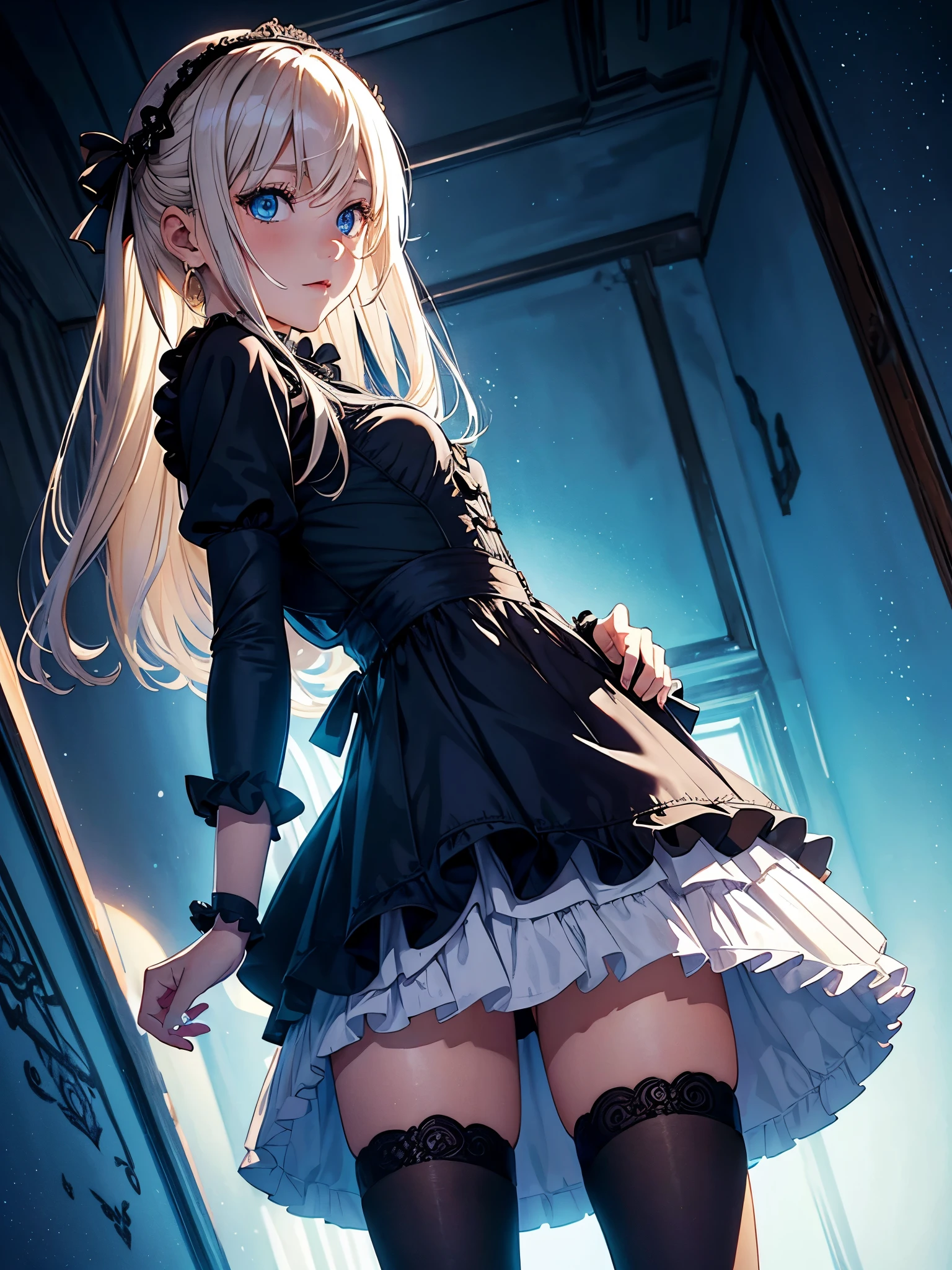 (Superflat, Flat Shading, flat-colors:1.1)、(Magazine Cover)、Illustrations、one very beautiful european girl、ars、platinum-blonde-hair、intense blue eyes、Strong highlights of the eyes、Pretty face、smiling for the camera、Perfect Anatomy、((baby、gothic lolita costume、a miniskirt))、Beautiful thighs、Farbe々Pose、luxury drawing room background、sideshot、Volumetric lighting、Soft light、Bright、neons、鮮やかなFarbe彩、watercolor paiting、