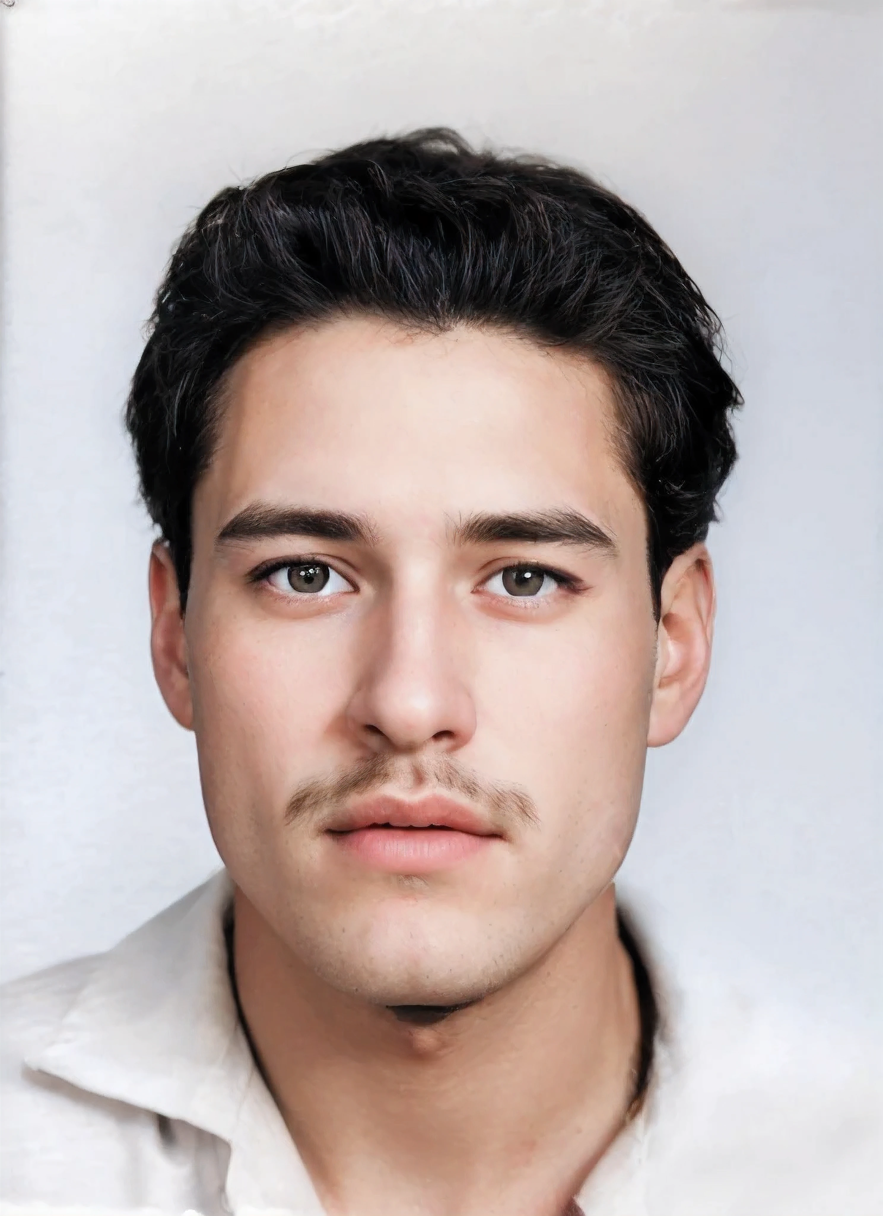 (best quality,4k,8k,Altas,master part:1.2),ultra-detalhado,(Realistic,photoRealistic,photo-Realistic:1.37),Homem de 19 anos,cabelo preto ondulado,olhos castanhos,bigode fino,camisa branca,belos olhos detalhados,beautiful detailed lips,olhos e rosto extremamente detalhados,long eyelashes,Retratos,vivid colors,foco nítido,studio lighting,tons de cores brilhantes e quentes