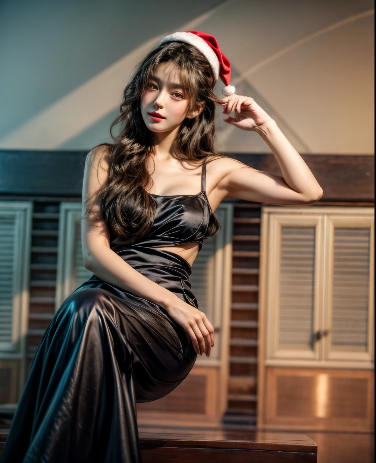 masterpiece、8K、32K、top-quality、(A detailed eye)、(A cute Japanese woman、bangss:1.3)、23years old、1 girl in、elegent、(Detailed background depiction、portlate:1.2)、(Christmas)、Santa Claus Costume、Cheerful、(A dark-haired)