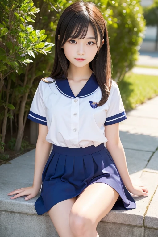 (masterpiece,top-quality,超A high resolution),A Japanese Lady, an extremely beautiful , Ubu no Girl、(Perfect limbs、perfect anatomia),((bobhair)).Cute sailor suit、Sailor suit with short sleeves、Navy blue skirt、Pure white、Beautiful skin、Glitter hair with moist eyebrows、Colors and landscapes of youth、Premonition of love、A slender、embarrassed grin、Attend school、morning,