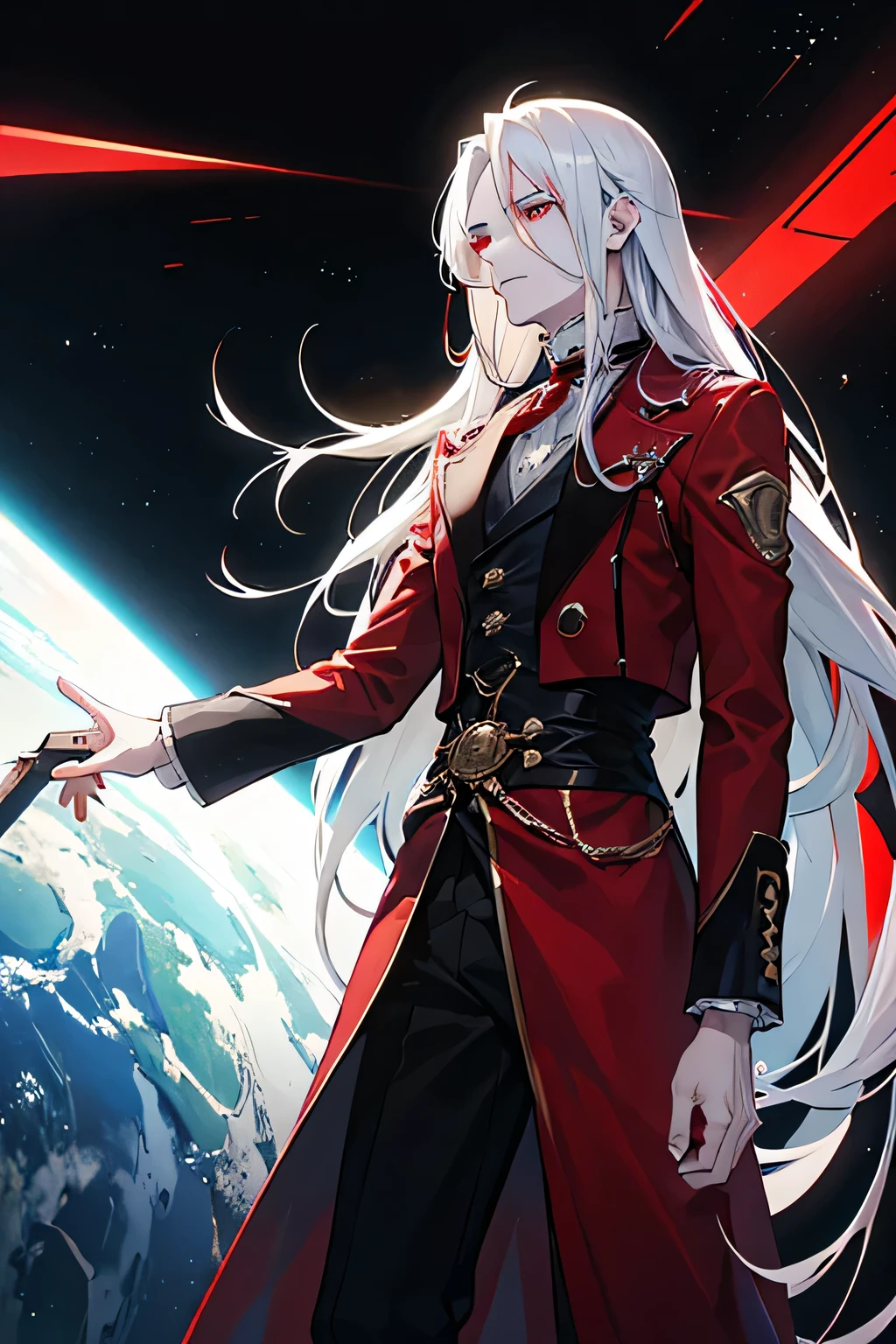 ember, ah high, Long white hair, red eyes, dressed in Victorian cyberpunk clothing, Against the backdrop of space