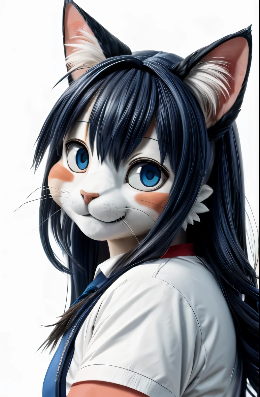 Black hair, Anime, Ghibli, Anime style, close up, From Side, One-person viewpoint, 8K, Super Detail, masutepiece,Super Detail, High quality, High resolution, high detailing, White background, Face Detail, Happiness, Curly hair, Blue eyes、Show a full body image、Red cheeks、High School Gym Clothes、Cat ears grow、Beast girl with cat face