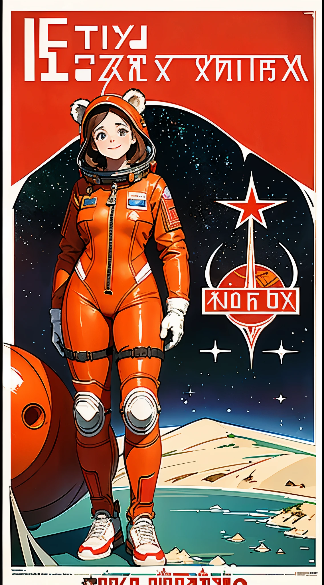1girl,curvy_breasts, cute, beautiful detailed eyes, shiny hair, visible through hair, hairs between eyes, (Caucasian face, Europe face, eastern Europe girl), (USSR poster:1.5), (soviet poster), red monochrome, (soviet, communism, ((PROPAGANDA POSTER))), (brown_hair), monster girl, brown bear girl, brown bear ears, brown bear tail, brown bear texture skin, smiling, (Red_eyes), text, letters, words, ((age)), (((furry))), good breasts, (wearing orange_spacesuit), gloves, shoes, helmet, ((the USSR red letters on the poster)), weightlessness, Side light, reflection, The person in the spacesuit is at the bottom left of the frame, The right hand is outstretched, Space station in the upper right corner of the screen, Reflected light from the sun, Silver metal, red flag, (USSR style), diffuse reflection, Metallic texture, ((alien planet background)), (pinup-girl, the sea of star on background), ((effect of old poster))