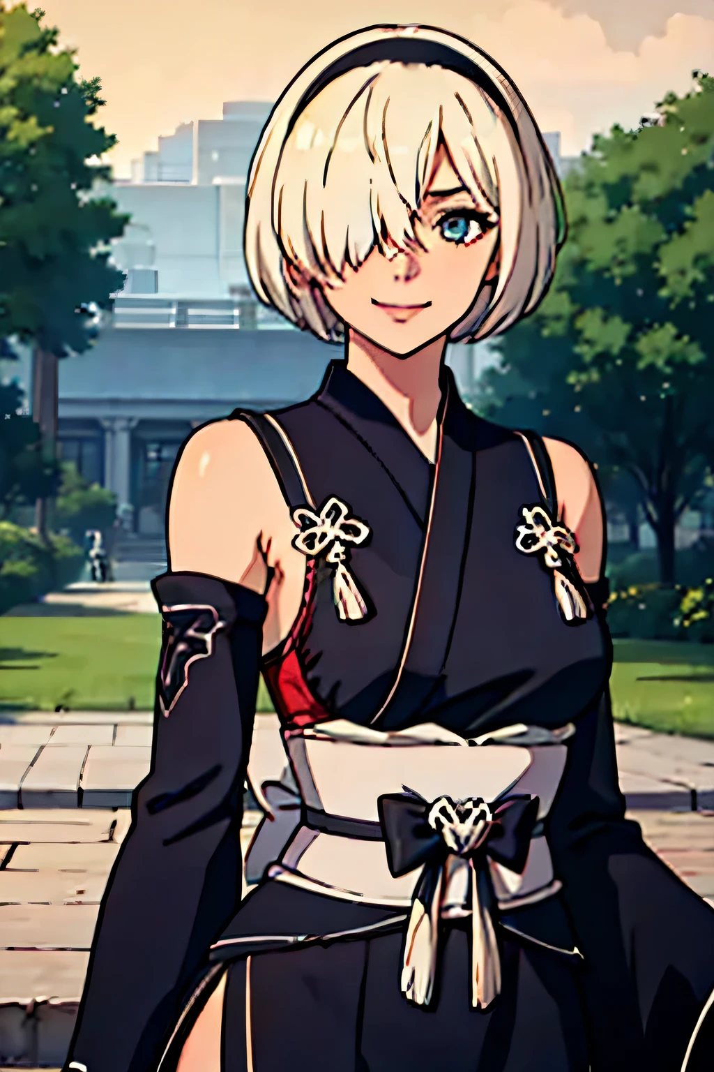 1girl, solo, hair over one eye, blue eye, hairband, black kimono, detached sleeves, wide sleeves, white gloves, thighhighs, japanese clothes, facing viewer, looking at viewer, upper body, smile