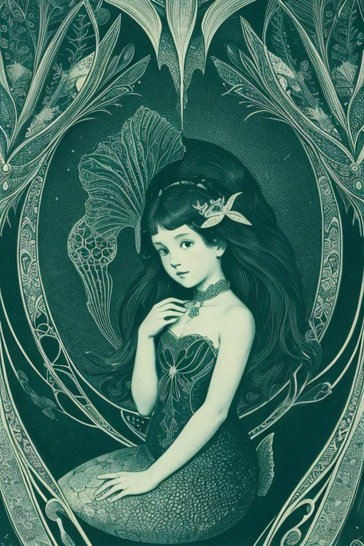 a black and white drawing of Mermaid Girl, by Earnst Haeckel, dark green color scheme, closeup!!!!!!, cyanotype, wallpaper!