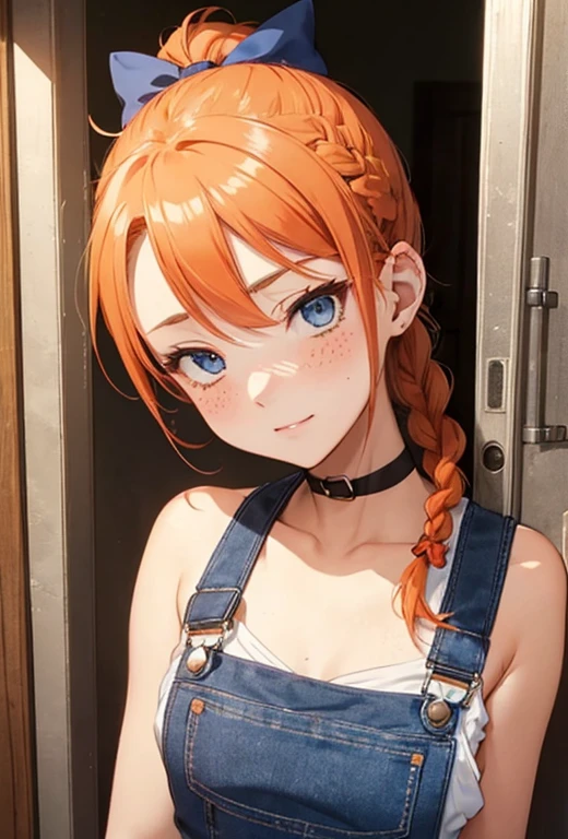 Tomboy girl, blue eyes, orange hair, blushing, small breasts, undressing, puffy nipples with erect tips, bare perky breasts, taking off overalls, no undershirt, long braided ponytail, large white bow at base of ponytail, bare arms, no bangs, bangs pulled back, playful, freckles, large white bow in hair, one eye winking, 🥵 inspired by Ann from Harvest Moon, black choker, in doorway, looking at viewer, seductively stripping, pushing her way through the half-shut door, little happy willful slave, holding unopened condom, gorgeous, too pretty