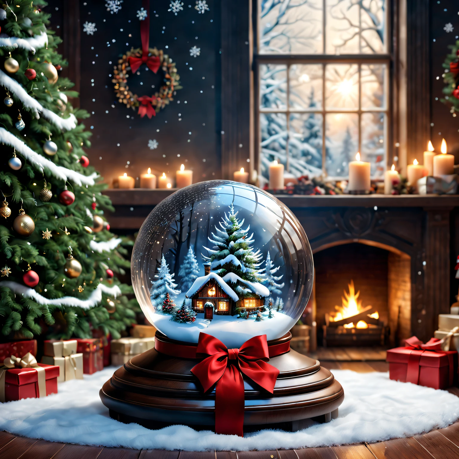 Christmas gifts: crystal sphere, Sparkling snowflakes, magical ambiance, glowing lamps, Mysterious visions, Charming winter scenery, exquisitedetails, snow white forest, Cozy fireplace, shimmering dress, Twinkling stars, The base is decorated with a red bow, Joyful anticipation, etherealglow, festive decorations, Holiday spirit, Fantastic environment, Whisper a blessing, surreal charm, Enchanting magic, A whimsical wonderland, Icy breath, Heartwarming surprise, Sparkling ornaments, charming reflection, Fantastic creatures, Peace and quiet, Precious memories, bedazzled , holiday cheer, sparkling crystals, flickering eyes, flashing snow, sparkling trees, Joyful laughter, delicate snowflakes, sparkling joy, winter charm. (Best quality at best,4K,8K,A high resolution,tmasterpiece:1.2),ultra - detailed,(actual,photoactual,photo-actual:1.37), HighDynamicRange, hyper HD, Studio lighting, vivd colour.